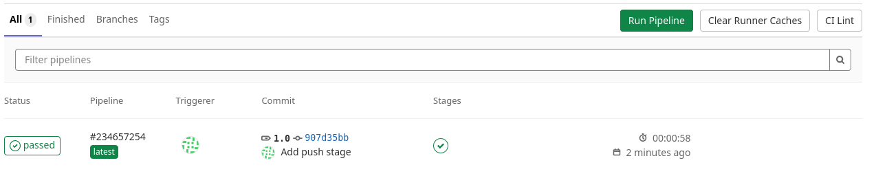 A successful pipeline after pushing a new tag to the gitlab repository